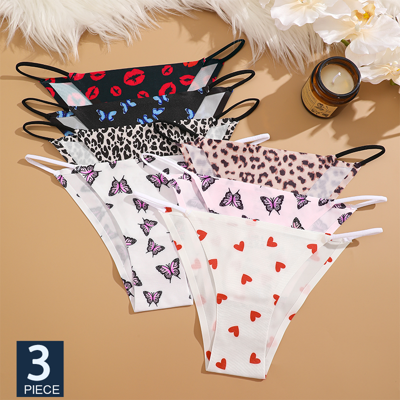 FINETOO 3Pcs Leopard Print Briefs Ice Silk Underwear For Women Panties Low Waist Brazilian Pants Sexy Breathable Seamless Thong