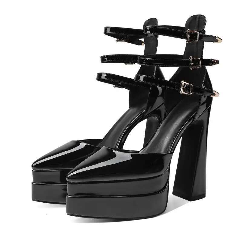 Pointed Head Shallow Mouth Fashion Sexy Increase Thick Heel Patent Leather Rivet Large Party Single Shoe Female