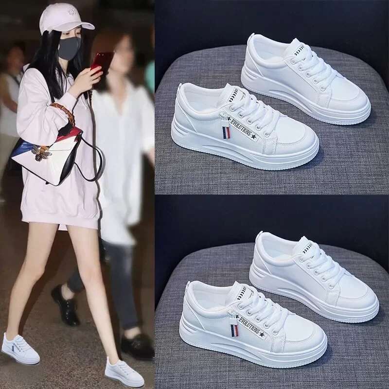 2025 New Fashion Women Casual Trend Breathable White Sneakers Comfort Low Top Lace Up Board Shoes Side Zipper Design Flats
