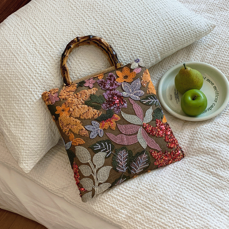 New Linen Bamboo Knot Handbag 2025 New Embroidered Sequins Women's Designer Handbag Hand-held Dinner Bag
