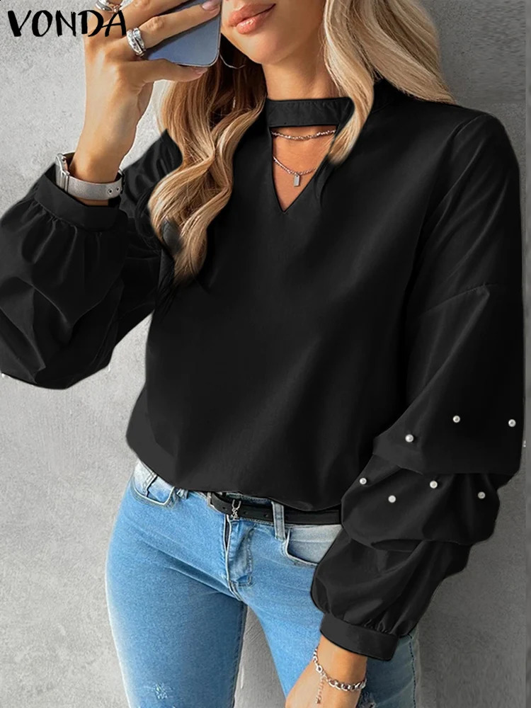 VONDA Women Ruffled Tops Elegant Long Sleeve Blouses Casual Solid Color Blusas Female Stand Collar Shirts Oversized Tunics 250102