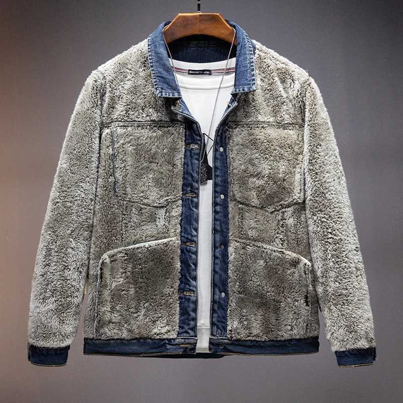 High density padded thickened warm casual denim jacket high street fashion brand blue Large Size Workwear Jacket Mens X250113