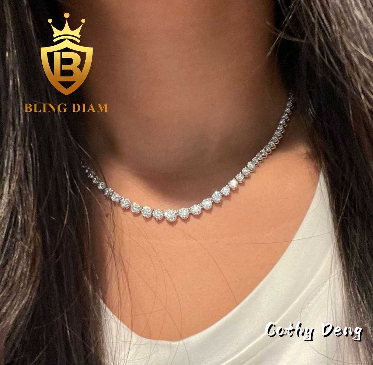Fashion Design Small to Big 3 Prong Round Moissanite Tennis Chain S925 Sterling Silver Iced out Moissanite Chocker Necklace