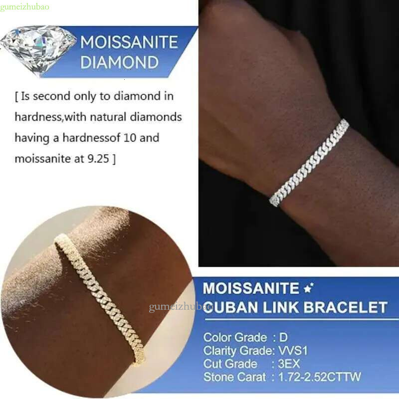 6mm White Gold Sterg Sier VVS Moissanite Dia Cuban k Chain Bracelet Iced Out Mossanite Jewelry For Men Women moissanite aaa