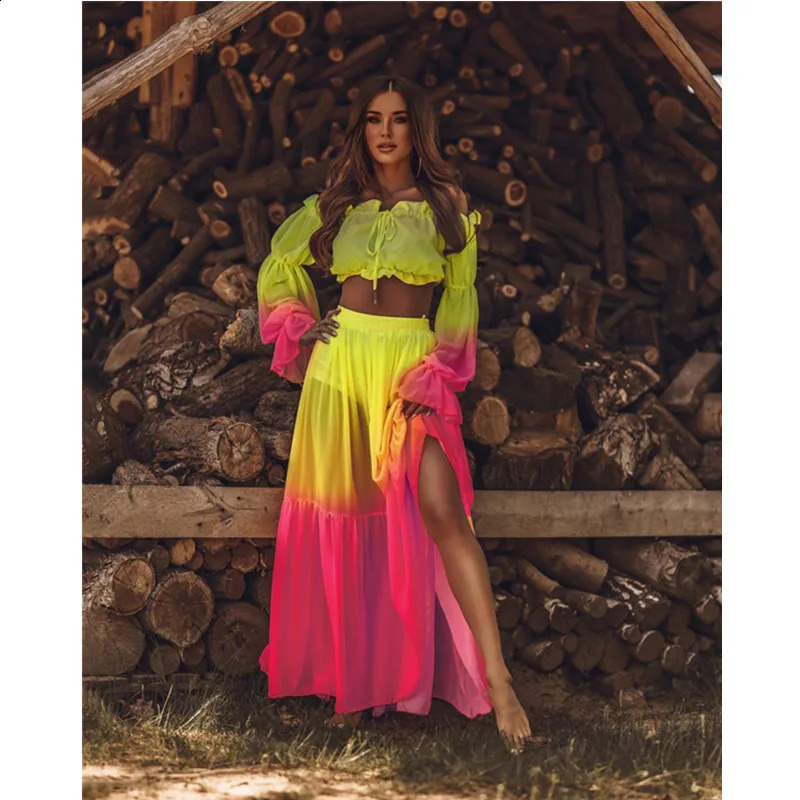 Women Long Sleeve Bikinis Cover ups Swim Long Cover up Tie-Up Crop Tops High Waist Long Skirt Kaftan Beach Tunic Dress 250109