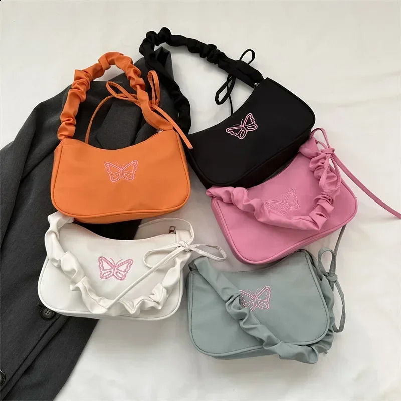 Embroidery Bowknot Butterfly Shoulder Bag Y2k-Style Ruffle Handle Nylon Bow Tote Bag Makeup Lipstick Bag Handbag 250106