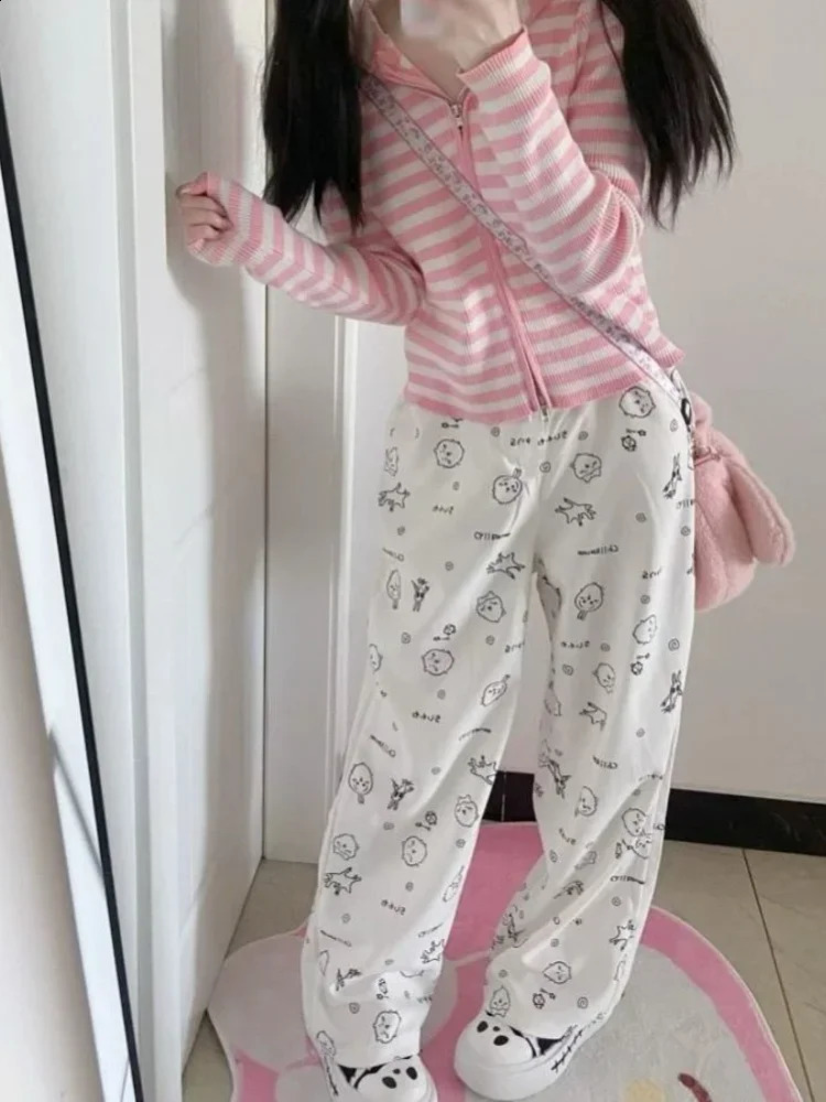 HOUZHOU Y2k Kawaii Sweet High Straight Pants Women Japanese Style Harajuku Cute Cartoon Print Loose Trousers Soft Girl 250102