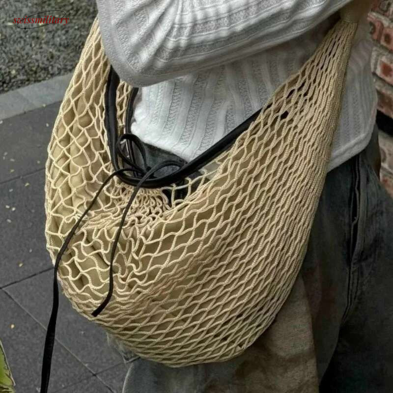 Hollow Out Croissant Mesh Bags For Women Designer Handbag Purse 2024 New Fashion Large Capacity Weave Shoulder Crossbody ddmynov