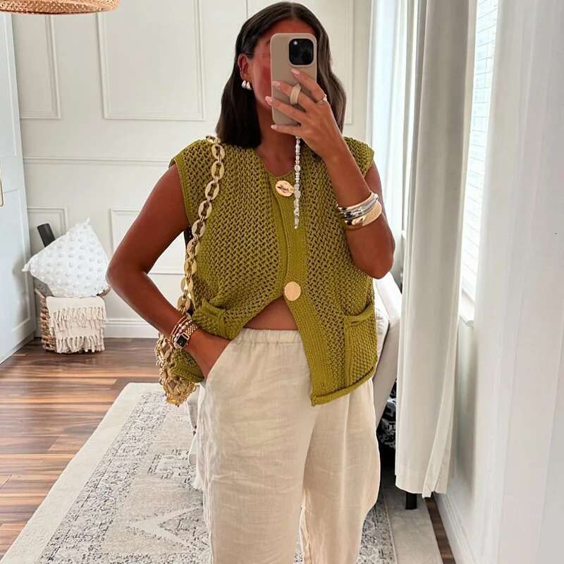 TRAF Sweater Women Knitted Sleeveless Cropped Knitwears Autumn Cut Out Crochet Vest Woman Outerwears Casual Knit Waistcoat