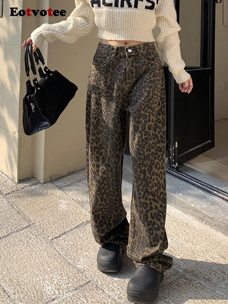 EOTVOTEE American Casual Leopard Straight Pants Jeans for Women High Waist Loose Button Y2k Wide Leg Pants Women Jeans 250113