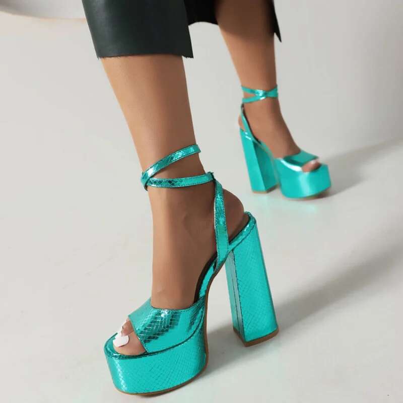 Ochanmeb Women Crocodile Peep Toe Chunky High Heels Thick Platforms Shoes Lady Ankle Buckle Gold Sier Sandals Party 44