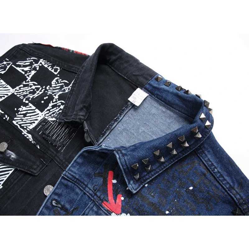 Y2K Street Graffiti Mens Denim Jacket High-end Fashion Personalized Spray Paint Printed Jacket Black Casual Loose Denim Top X250113