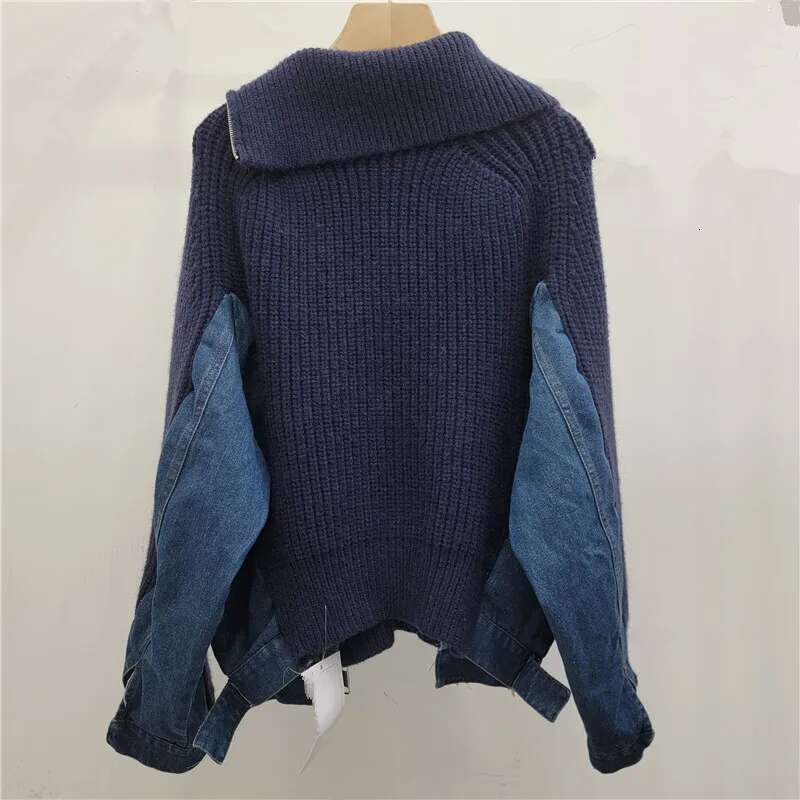 Fashion New Women's Irregular Stand Collar Knit Denim Coat Winter Trendy Long Sleeves Zipper Jacket Female
