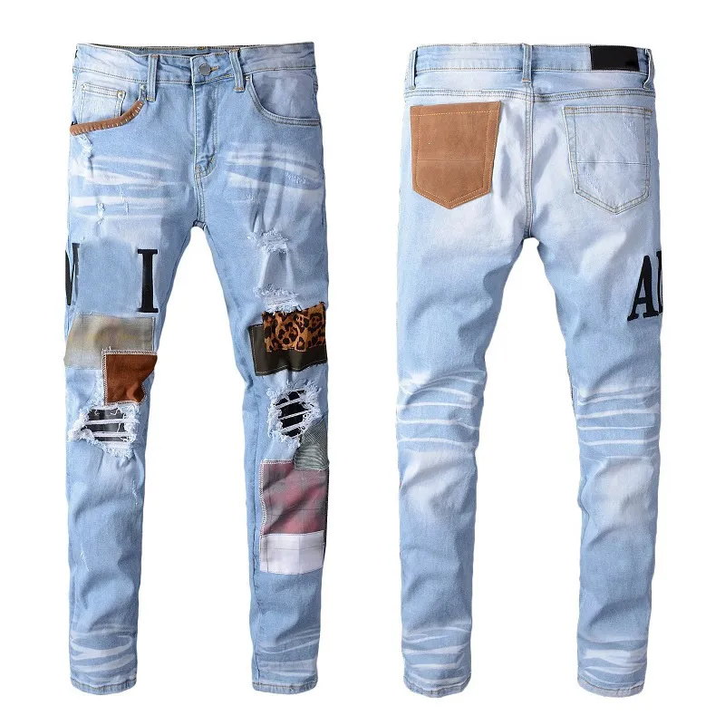Men's Luxury Designer Distressed Straight-Leg Biker Jeans with Holes - Stretchy Skinny Fit