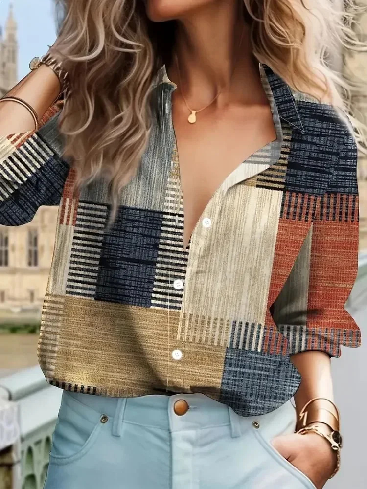 Women Fashion Plus Size 1XL5XL Casual Blouse Womens Patchwork Print Long Sleeve Button Up Lapel Collar Shirt Top 250102