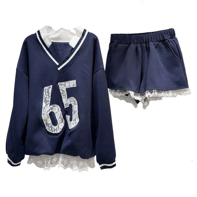 DEAT 2024 Autumn New Fashion Women's Set V-Neck Digital Pattern Embroidered Hoodie Elastic Waist Lace Edge Shorts 11A01164