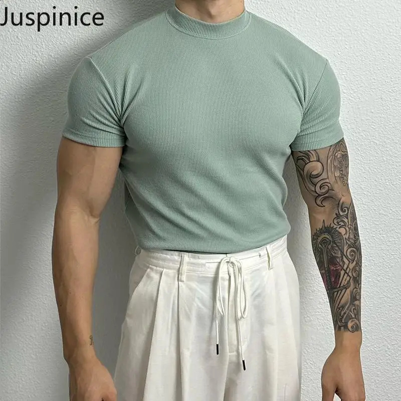 Summer Half Turtleneck Large Size Shortsleeved Tshirt Mens Elastic Casual Simple High Street Personality Tops Male Clothes 250113