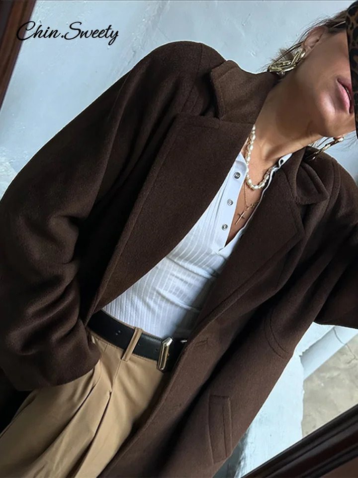 Fashion Woolen Long Coat Women Brown Single Breasted Sleeve Lapel Loose Jacket Female Spring High Street Outerwear 250102