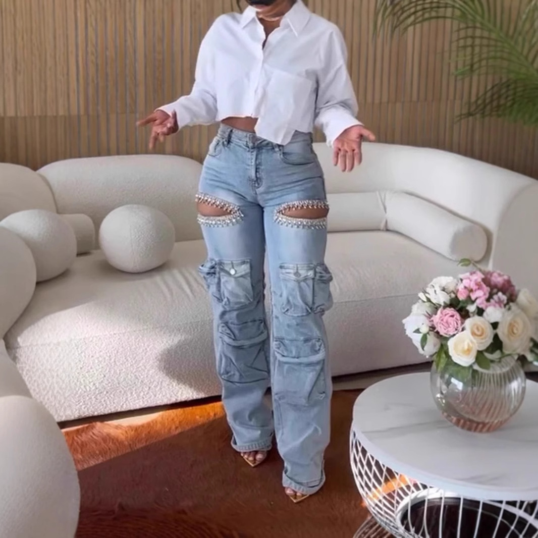 designer jeans baggy jeans womens designer 2024 europe and america independent site hot item hollowed out diamond decoration work pant 2ce