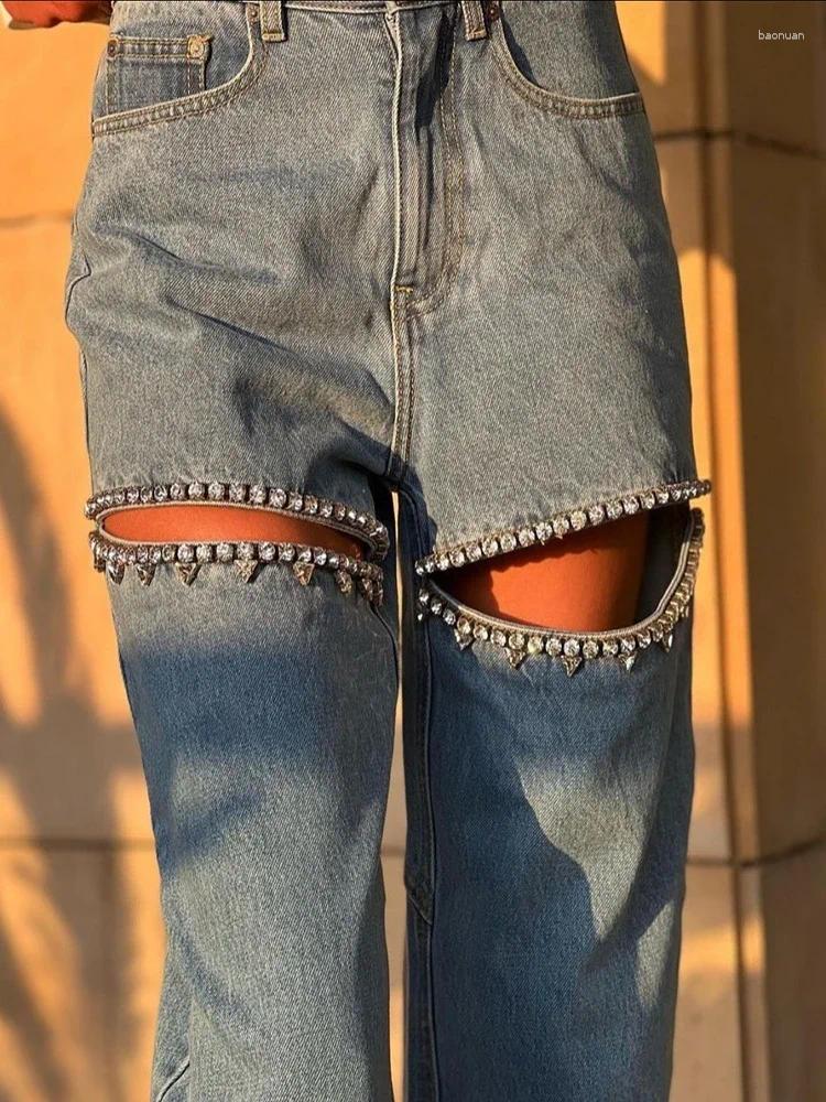 Women's Pants Chic Women Hollowed Out Diamonds Beaded Holes Jeans Rhinestones Straight Denim Crystals Cowboy Trousers Loose Pantalones