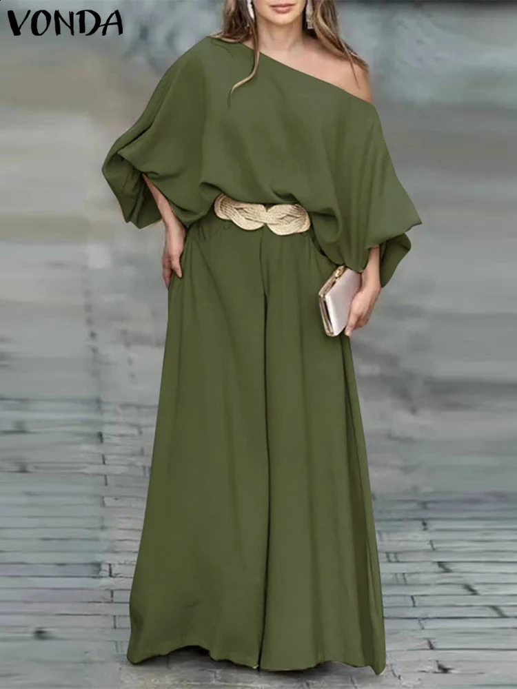 Plus Size VONDA Women Outfits Casual Slanted Collar Tops Elastic Waist Wide Leg Pant Sets 2024 Elegant Solid Pants Suits 2PCS 250106