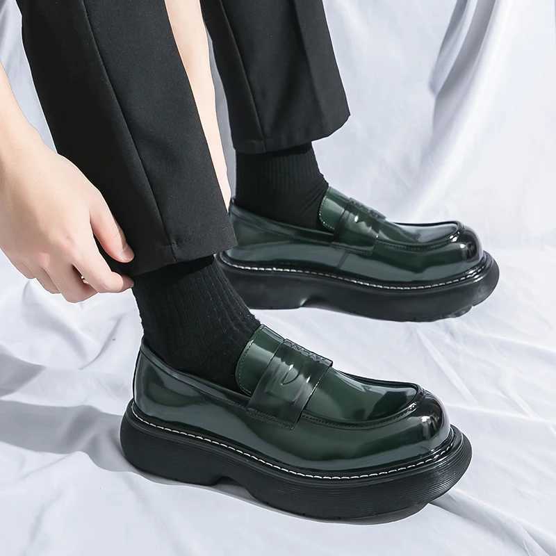 Green Loafers Mens Thick-soled Heightening British Style High-Level Business Casual Leather Shoes Slip- Lazy ShoesXJ250113