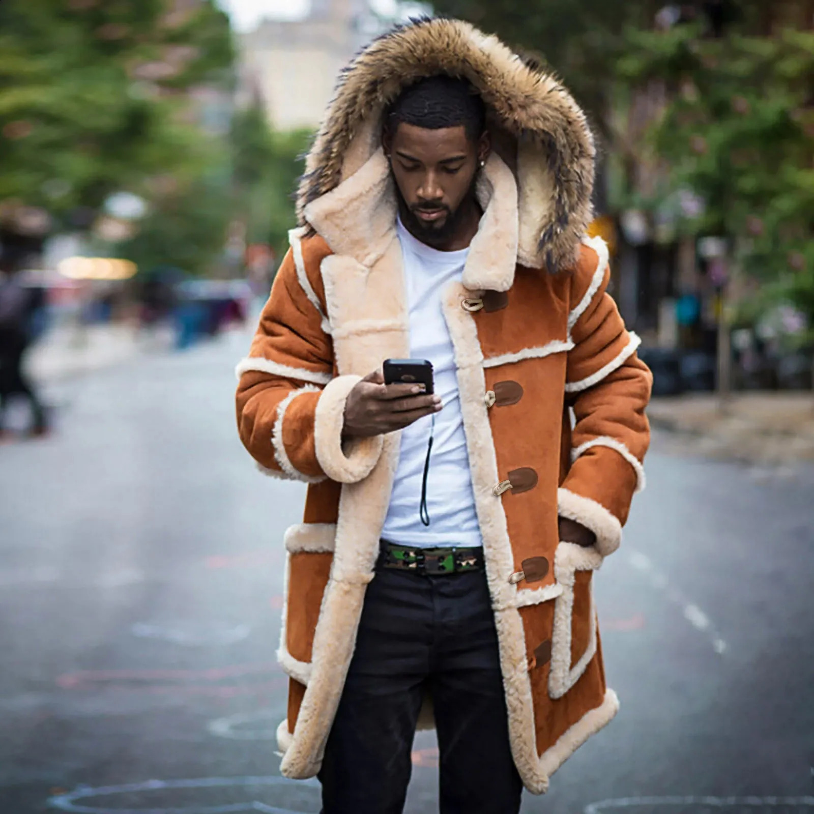 Men Lamb Fur Hooded Jacket Punk Warm Windproof Leather Coat Winter Fashion Padded Long Top Cardigans Windbreaker 250107