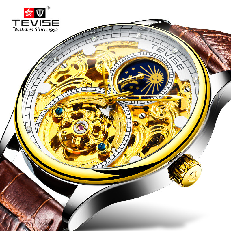 TEVISE Designer Watch Automatic Mechanical Watch Tourbillon Moon Phase Automatic Hollow Mechanical Men's Waterproof Watch T061-T820A