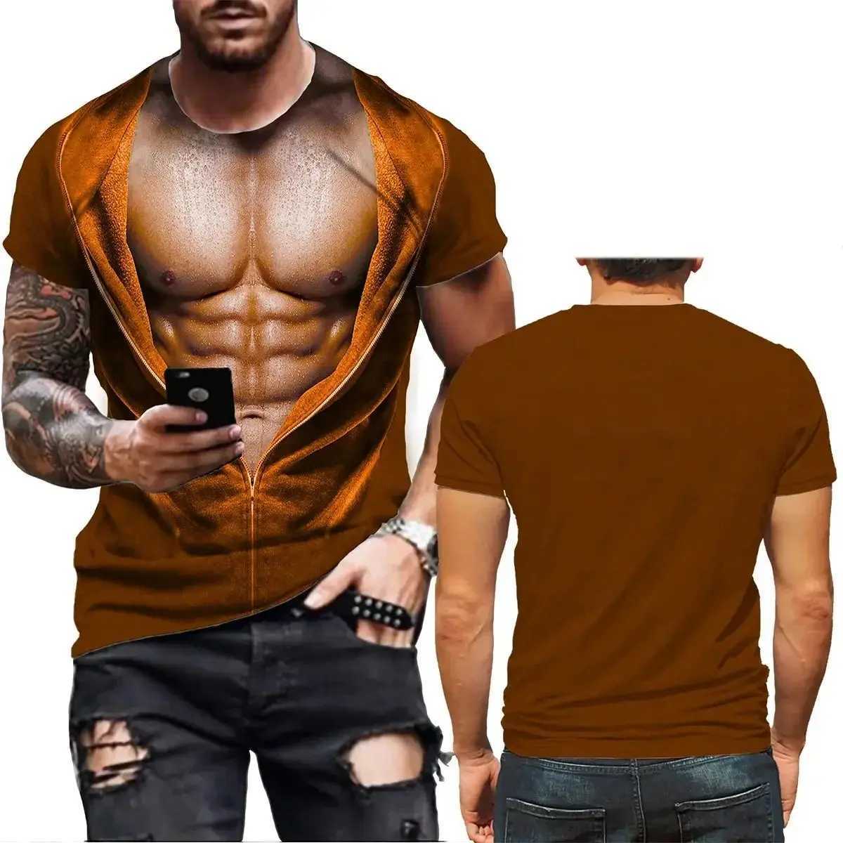 European and American mens T-shirt mens fake muscle 3D printing funny T-shirt summer top short sleeve fashion casual T-shirt X250113