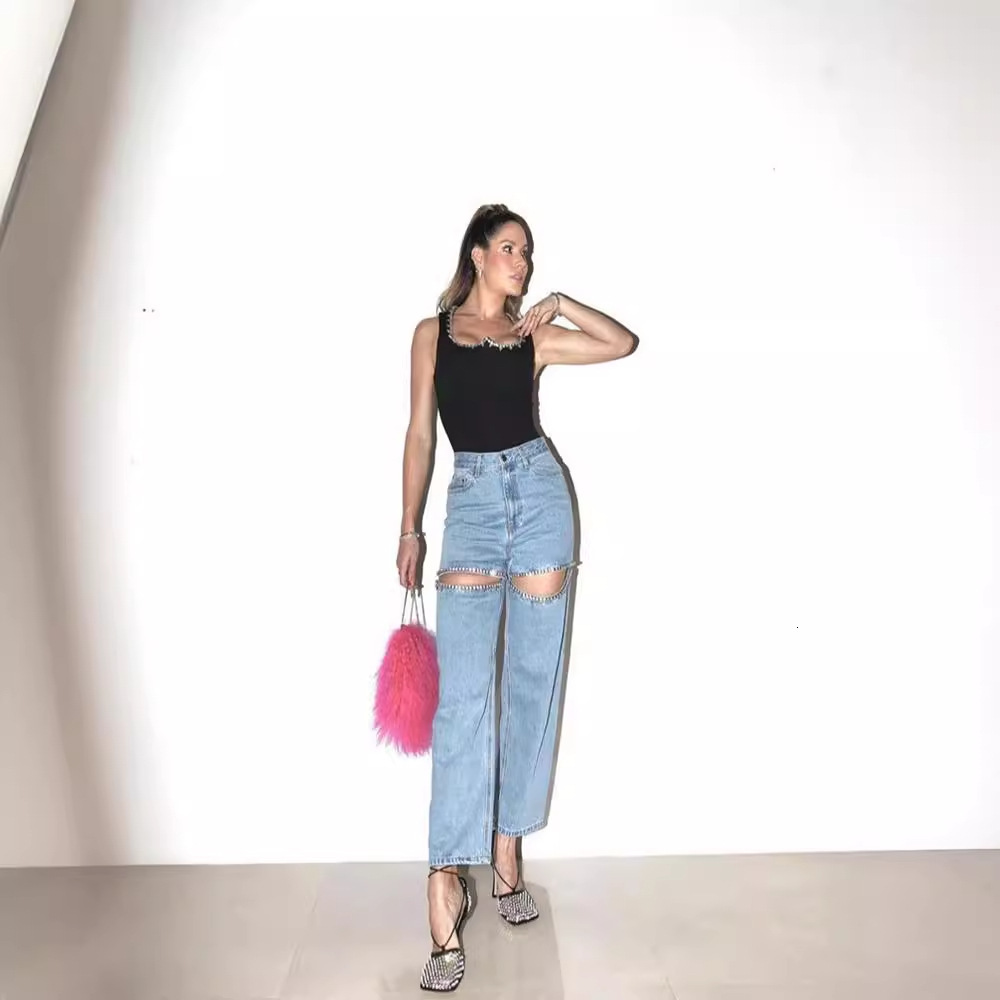 designer jeans baggy jeans womens designer 's bestselling blue perforated straight leg women's 2024 spring/summer jeans 59d