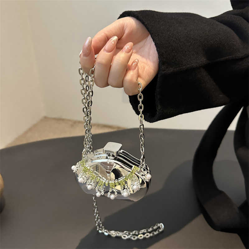 Metal Mini Bag 2024 New Fashionable Rhinestone Tassel Shoulder Bag, Women's Crossbody Chain Box Trendy 250113