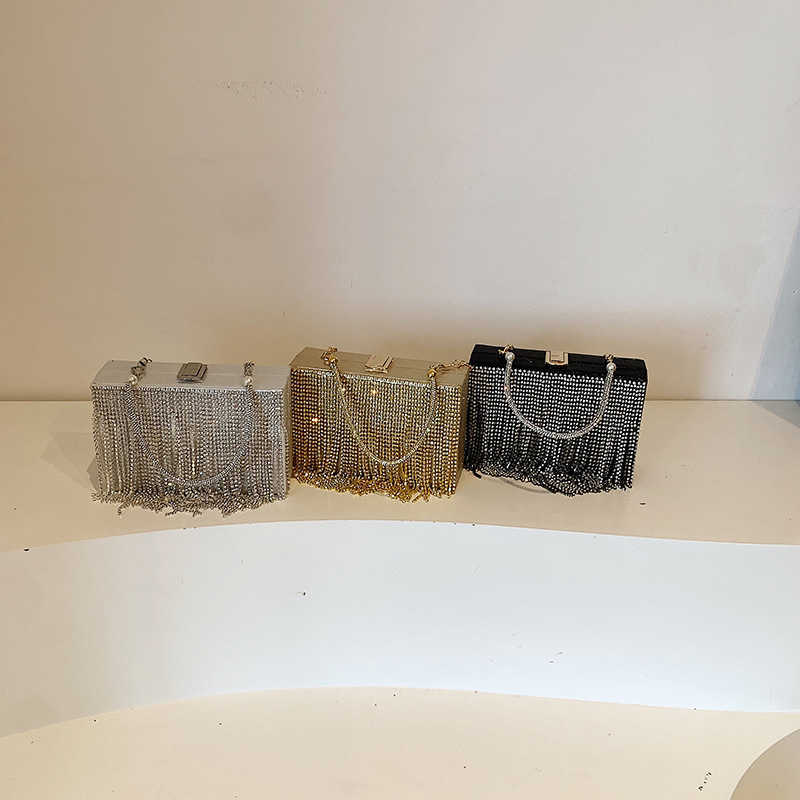 2024 Women's Bag New Fashionable Water Diamond Tassel Texture Single Shoulder Chain Handheld Box Trendy 250113