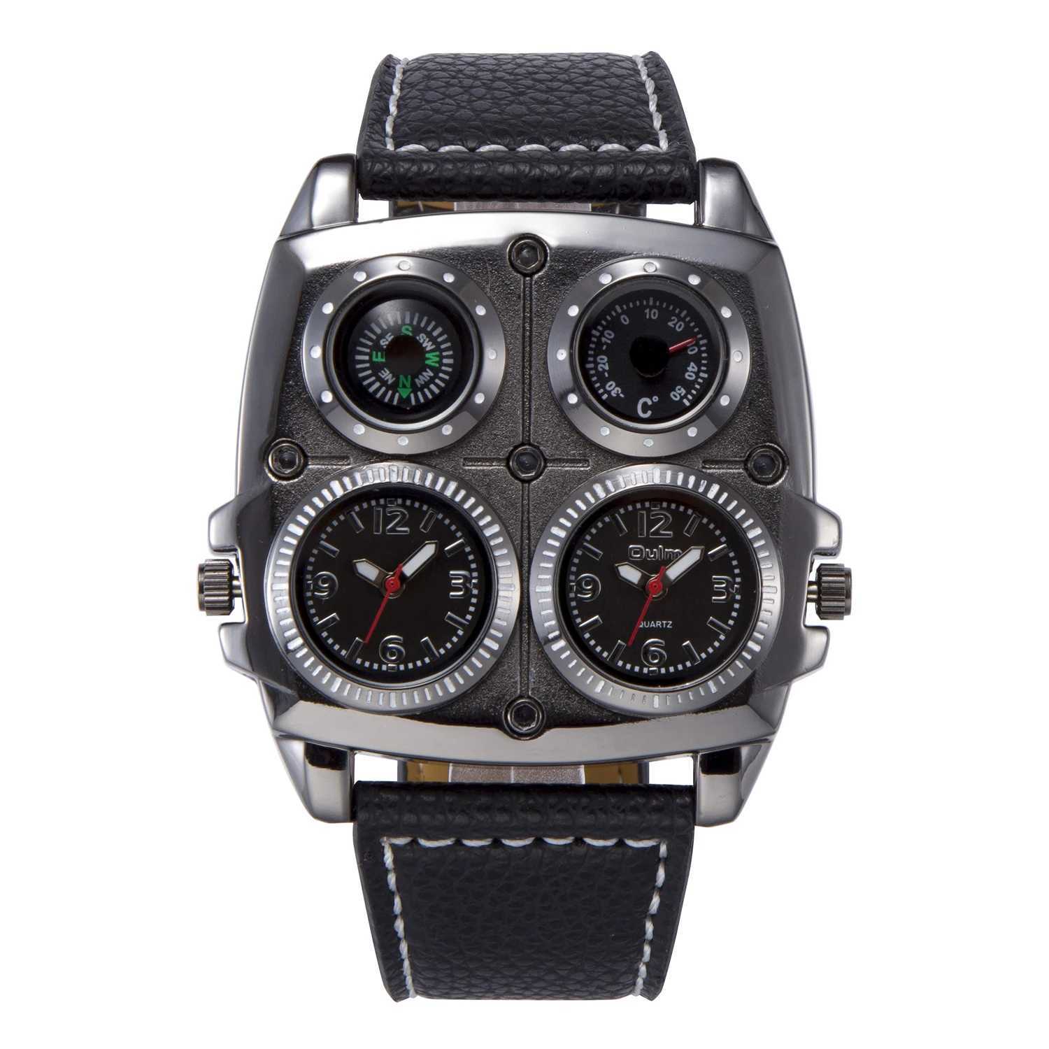 New Arrival Ohm Mens Watch Dual Zone Army Pilot Style Large Size Military Quartz Watch Mens Leather Strap Watch Z2450113