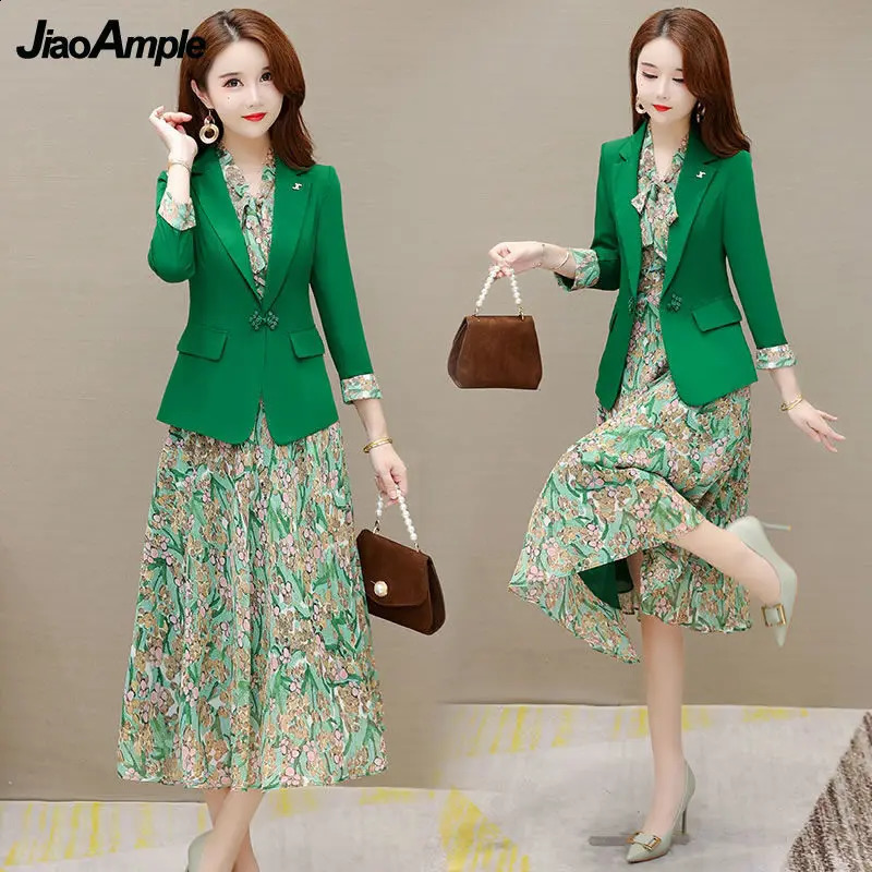 Womens Elegant Suit Jacket Floral Dress Two-piece Korean Casual Blazers Business Dresses Set Female Clothing Midi Skirt Suit 250113