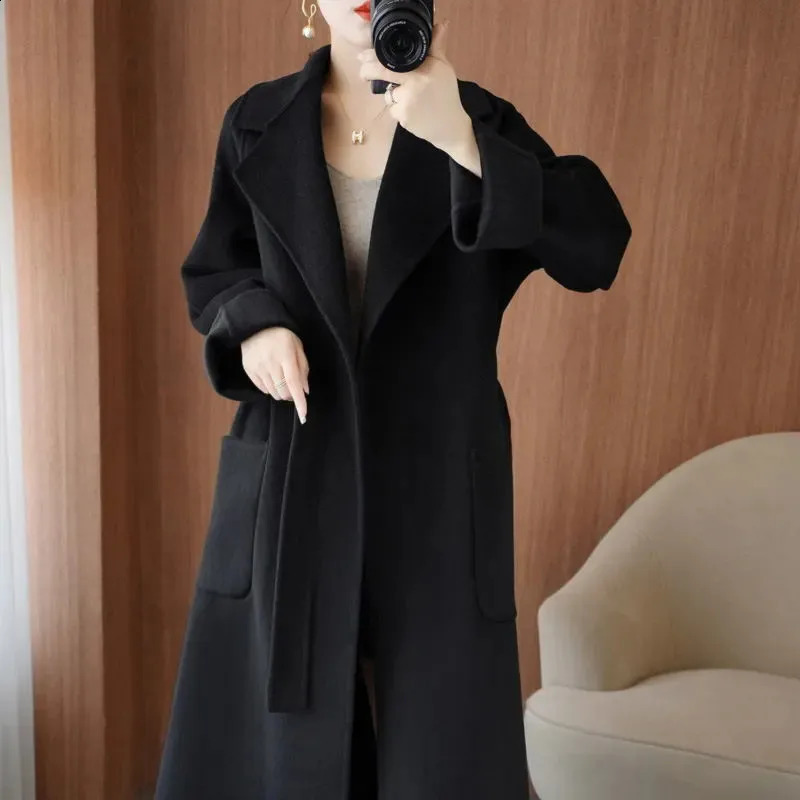100% Pure Wool DoubleSided Cashmere Coat Women Winter MidLength Loose Fashion Pockets Woolen Jacket Female Overcoat B551 250102