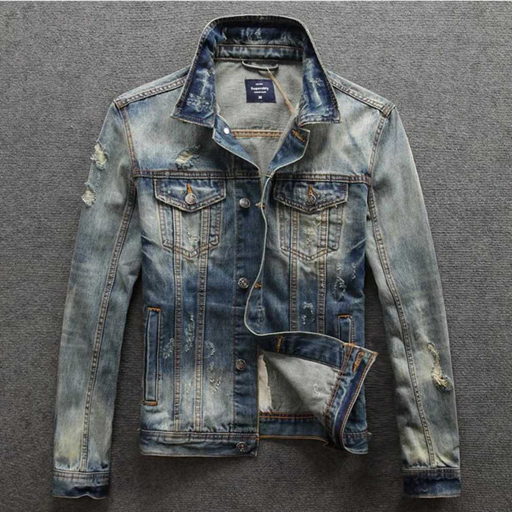 Light Cowboy Coat for Men Casual Slim Ripped Short with Hole Denim Jackets Man Low Price Loose Original of Fabric Aesthetic Y2k X250113