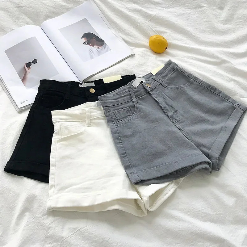 Retro High Waist Denim Short Gray White Black Casual Summer Slim Sexy Streetwear Jeans Bike Female C7187 250102