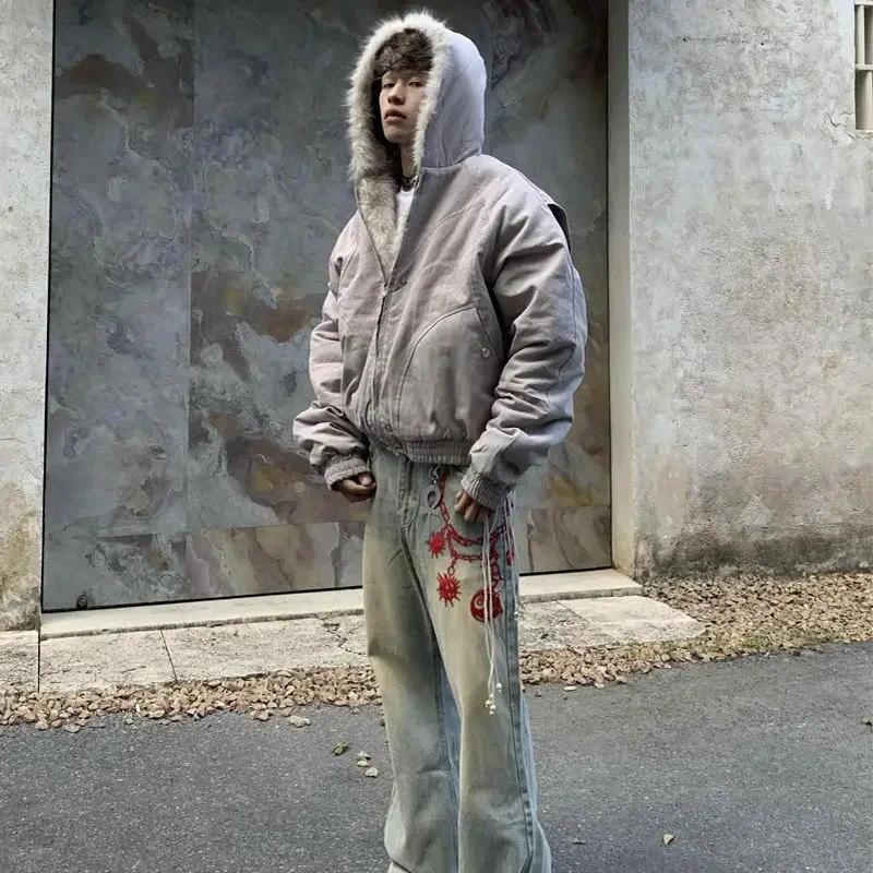 Men's Jackets American Fashion Woolen Collar Hooded Cotton Jacket Winter Thick Plush Top Men Street Hip-Hop Harajuku Oversize Coat