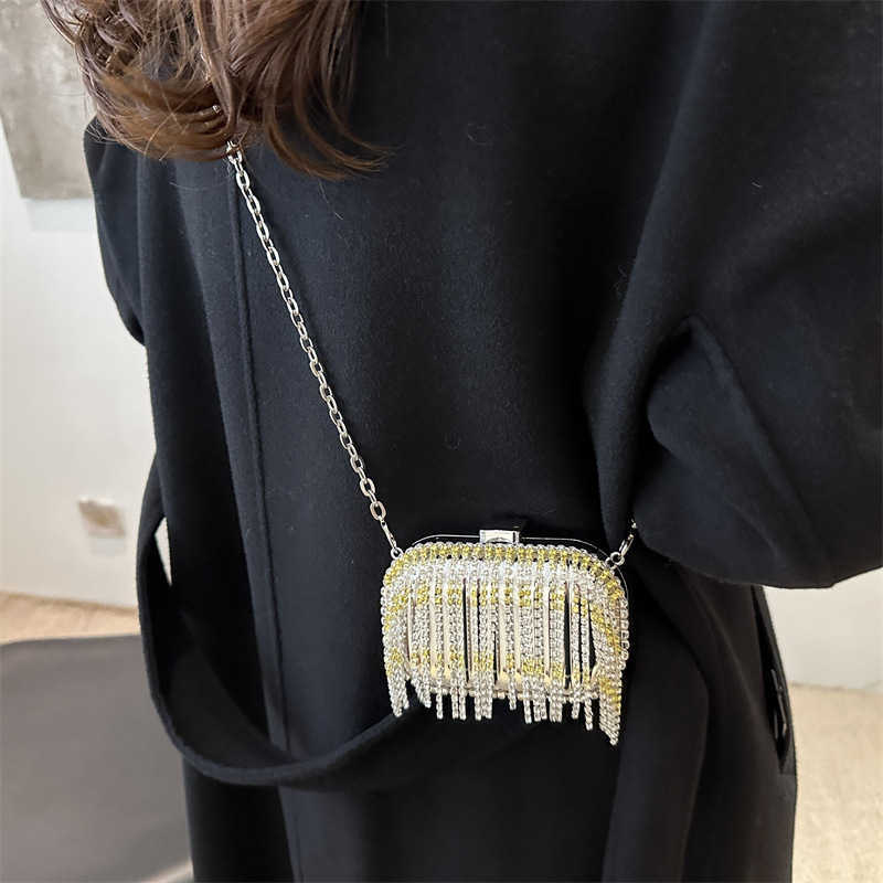 Metal Mini Bag 2024 New Fashionable Rhinestone Tassel Shoulder Bag, Women's Crossbody Chain Box Trendy 250113