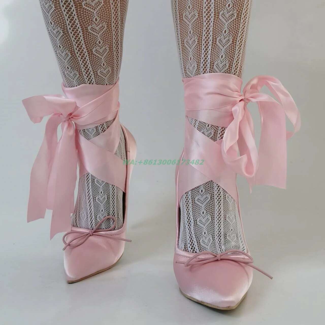 Sweet Girl Satin Ballet Design Women Pointed Toe Pink Bow Ankle Lace Up Stiletto High Heels Plus Size