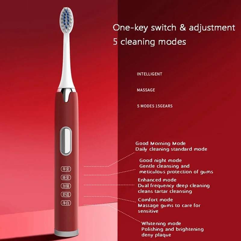Rechargeable Ultra Sonic Electric Toothbrush - 5 Speed Soft Hair Automatic for Adults & Students