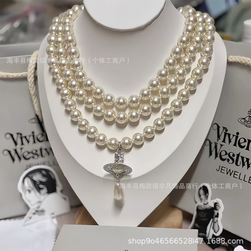 Designer Vivianes Wests Woods High Version West Empress Dowagers Threelayer Droplet Pearl Necklace Light Luxury Fashionable Highend Exquisite and Versatile Neck