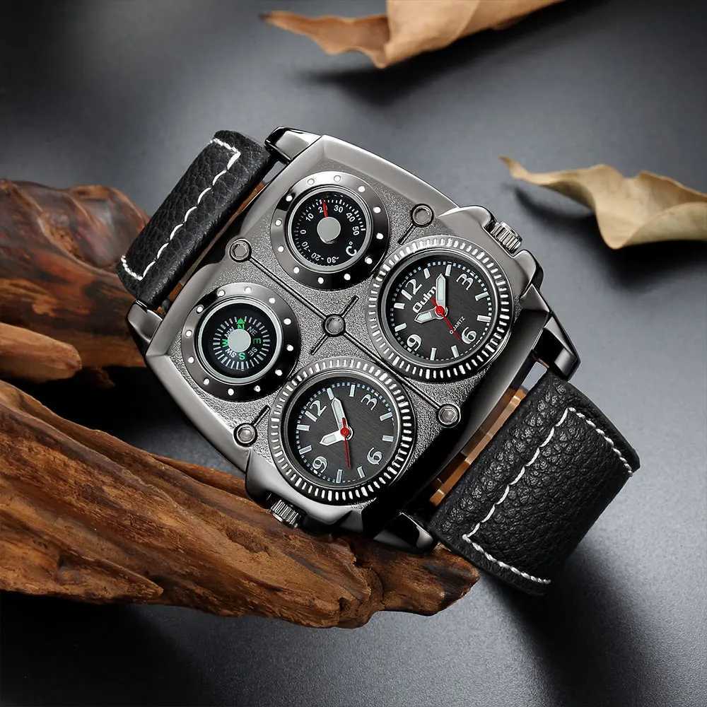 New Arrival Ohm Mens Watch Dual Zone Army Pilot Style Large Size Military Quartz Watch Mens Leather Strap Watch Z2450113