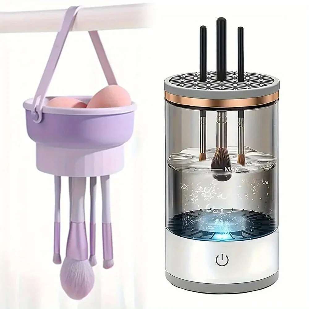 2-Piece Set 3-in-1 Silicone Cleaning Bowl and Gray Makeup Brush Cleaner with Storage Box