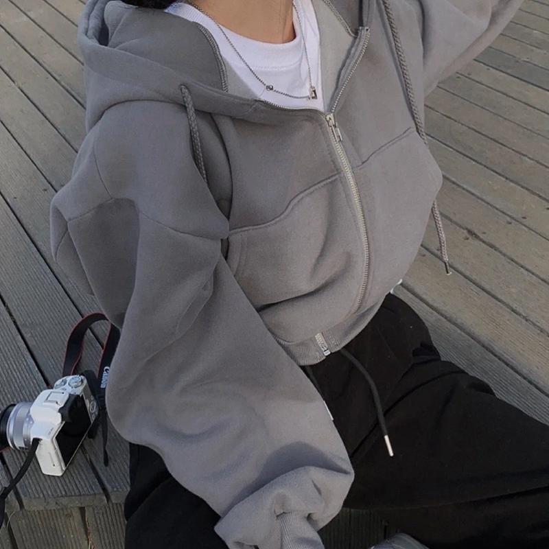 Women's Hoodies Casual Hood Sweatshirt Women Zip Up Solid Harajuku Long Sleeve Shirt Oversized Crop Tops Female Loose Jackets Coat