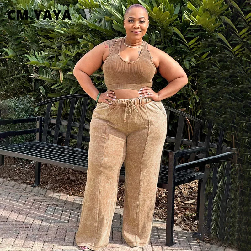 CM YAYA Plus Size Tie Dye Printed Womens Set Sleeveless Mini TopWide Leg Straight Pants Washing Two Piece y250122