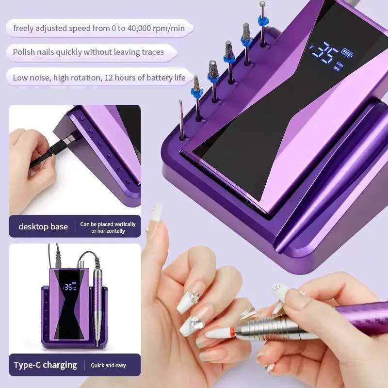 Brushless 40000RPM Electric hine 85W Handle Manicure Portable Polishing Tool Drill Rechargeable Nail Art