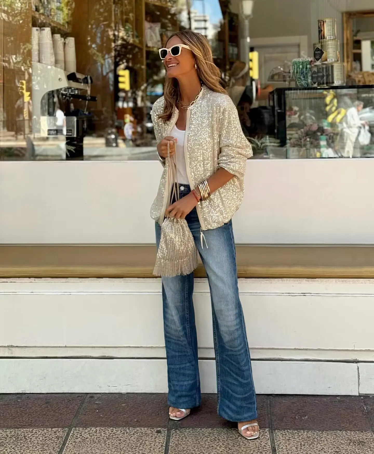 Fashion Sequins Cardigan Coat Women Casual Zipper Slim Long Sleeve Jacket Female 2024 Fall Winter Short Coats Streetwear Tops 250107