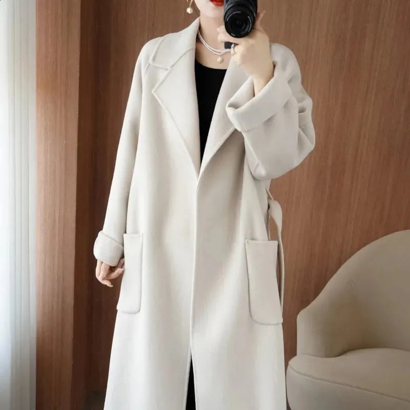 100% Pure Wool DoubleSided Cashmere Coat Women Winter MidLength Loose Fashion Pockets Woolen Jacket Female Overcoat B551 250102