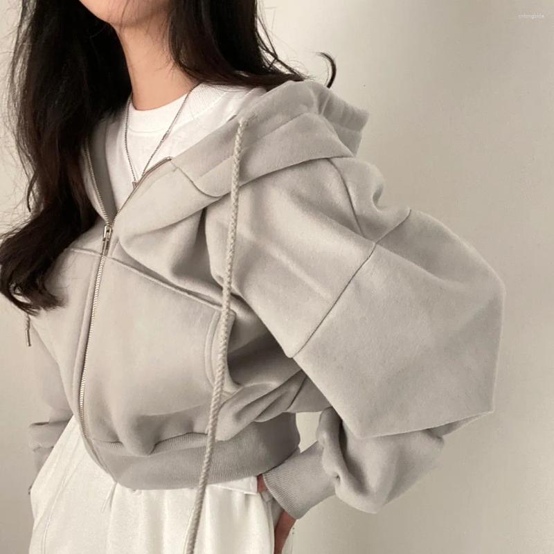 Women's Hoodies Casual Hood Sweatshirt Women Zip Up Solid Harajuku Long Sleeve Shirt Oversized Crop Tops Female Loose Jackets Coat
